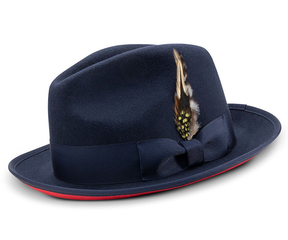 2  Brim Wool Felt Dress Hat with Feather Accent Navy with Red Bottom