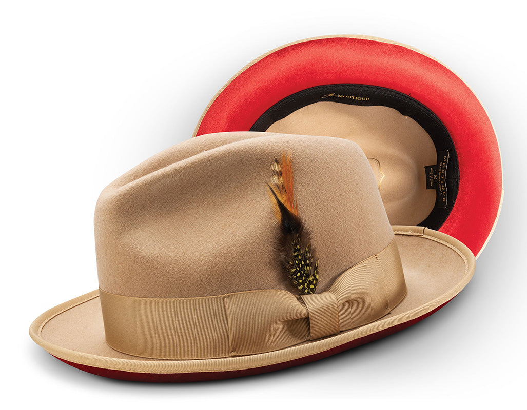 2  Brim Wool Felt Dress Hat with Feather Accent Tan with Red Bottom