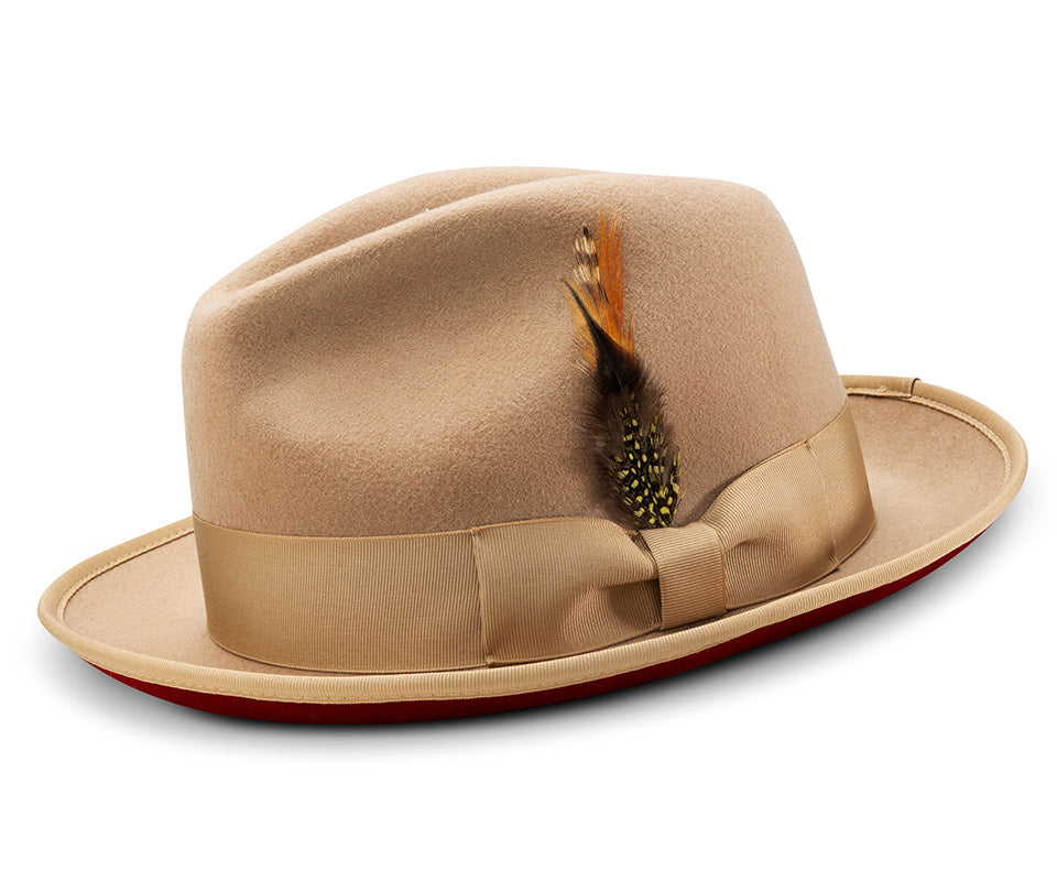 2  Brim Wool Felt Dress Hat with Feather Accent Tan with Red Bottom