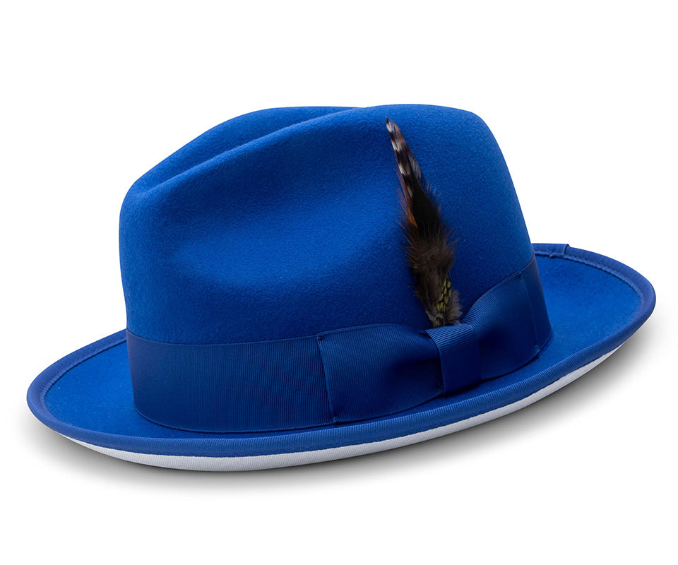 2  Brim Wool Felt Dress Hat Royal Blue with White Bottom