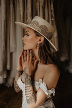Bridal collection boater suede hat “I DO” in ivory/gold