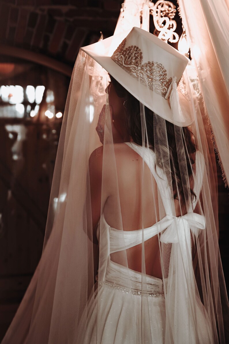 Bridal collection boater suede hat “I DO” in ivory/gold