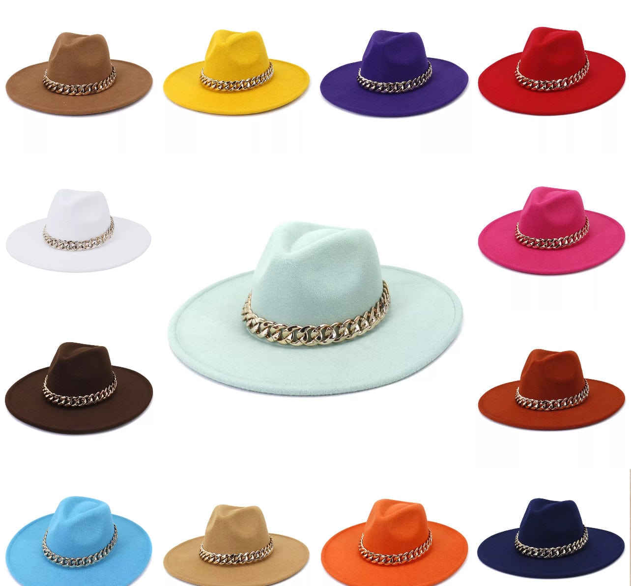 Wide XL Brim Fedora with Chain- Mint
