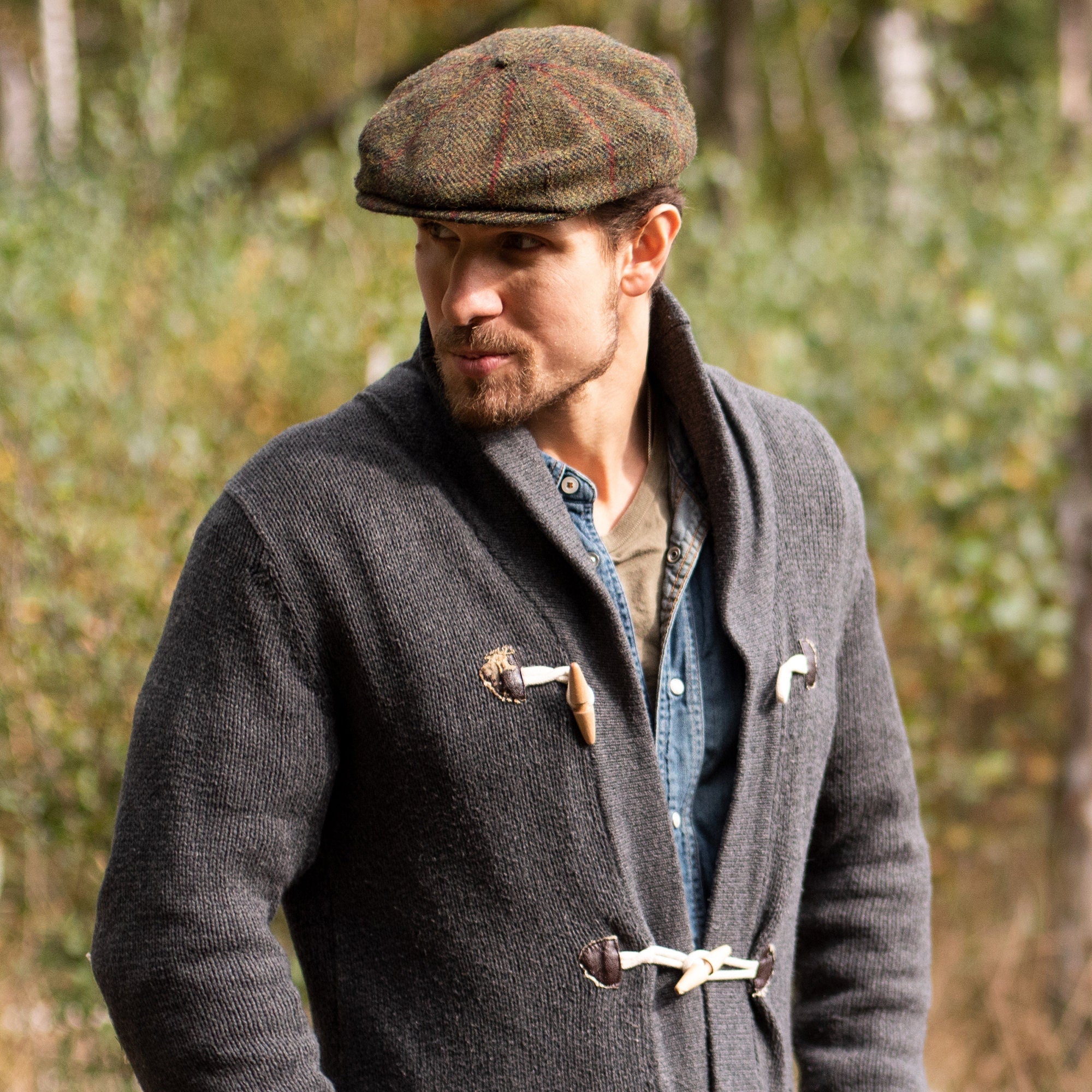 PEAKY BLINDERS Genuine Scottish Harris Tweed 8 Panels Man Cap Wool Large Crown GREEN-RED