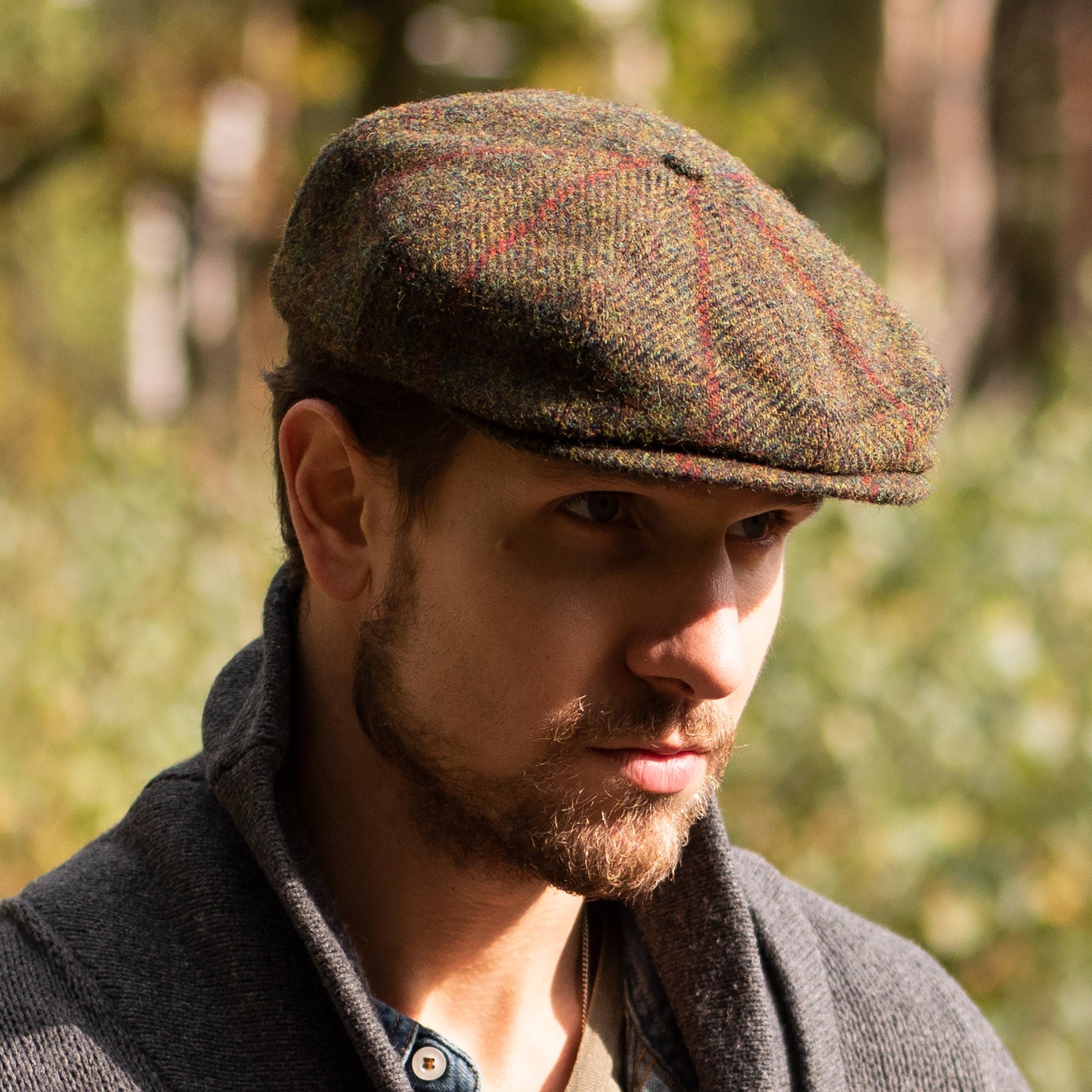 PEAKY BLINDERS Genuine Scottish Harris Tweed 8 Panels Man Cap Wool Large Crown GREEN-RED