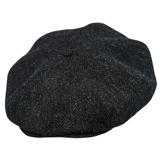 PEAKY BLINDERS Genuine Scottish Harris Tweed 8 Panels Man Cap Wool Large Crown BLACK