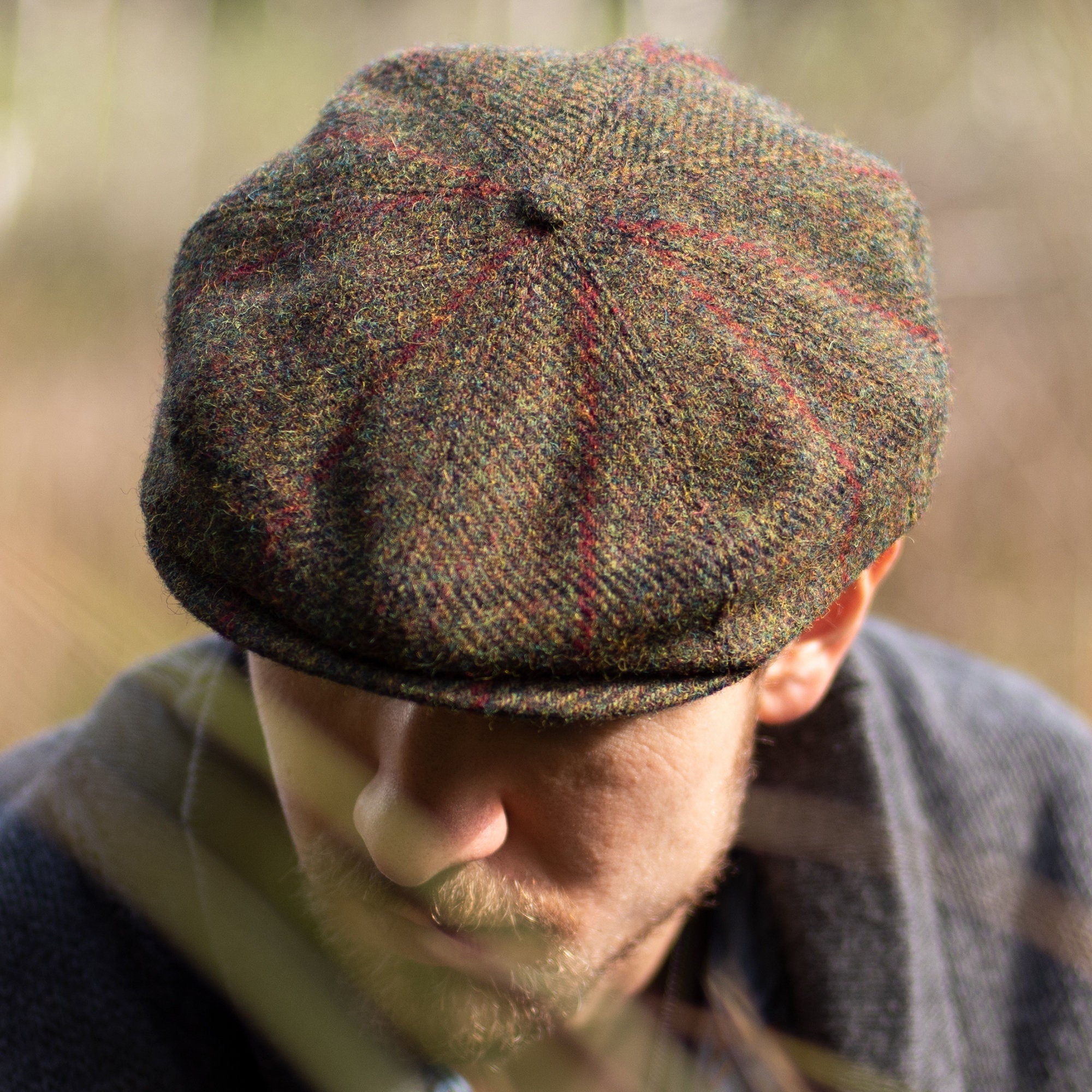 PEAKY BLINDERS Genuine Scottish Harris Tweed 8 Panels Man Cap Wool Large Crown GREEN-RED